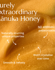 An infographic explaining the qualities of BeeNZ's premium Kanuka honey overtop of a honey background
