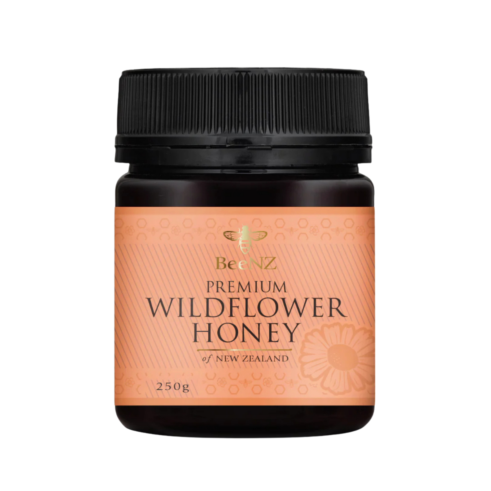 Jar of BeeNZ premium wildflower honey perfect for drizzling on breakfast cereals and spreading on toast.