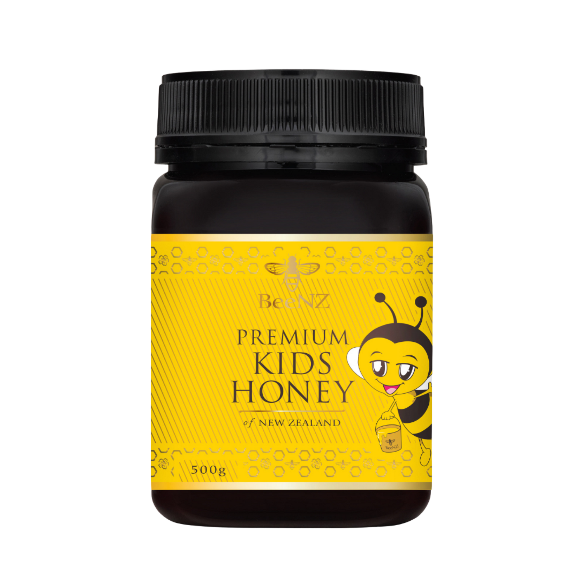 Jar of premium kids honey with a black lid and a bee on the front of the label indicating it is for kids.