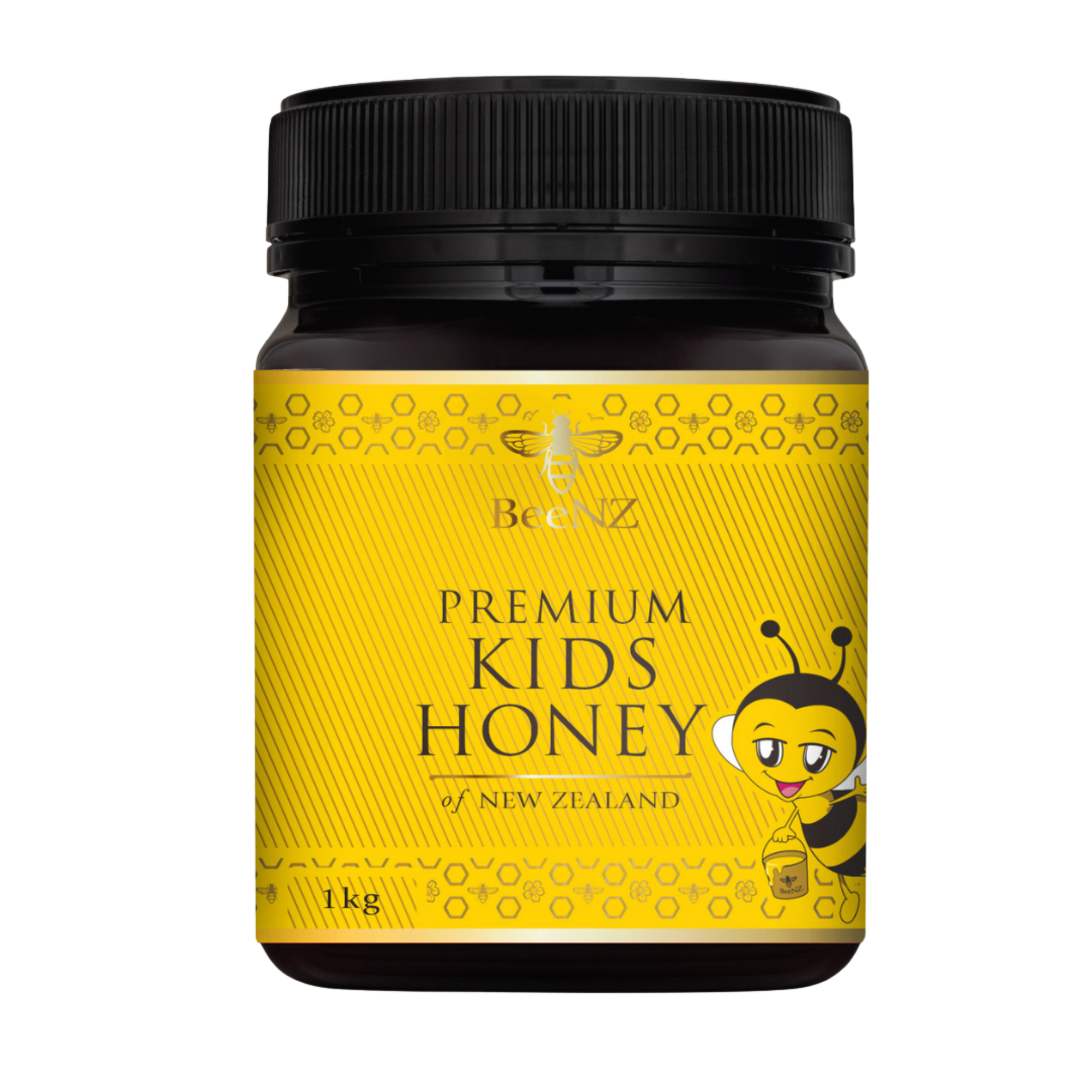 Jar of premium kids honey with a black lid and a bee on the front of the label indicating it is for kids.