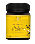 Jar of premium kids honey with a black lid and a bee on the front of the label indicating it is for kids.