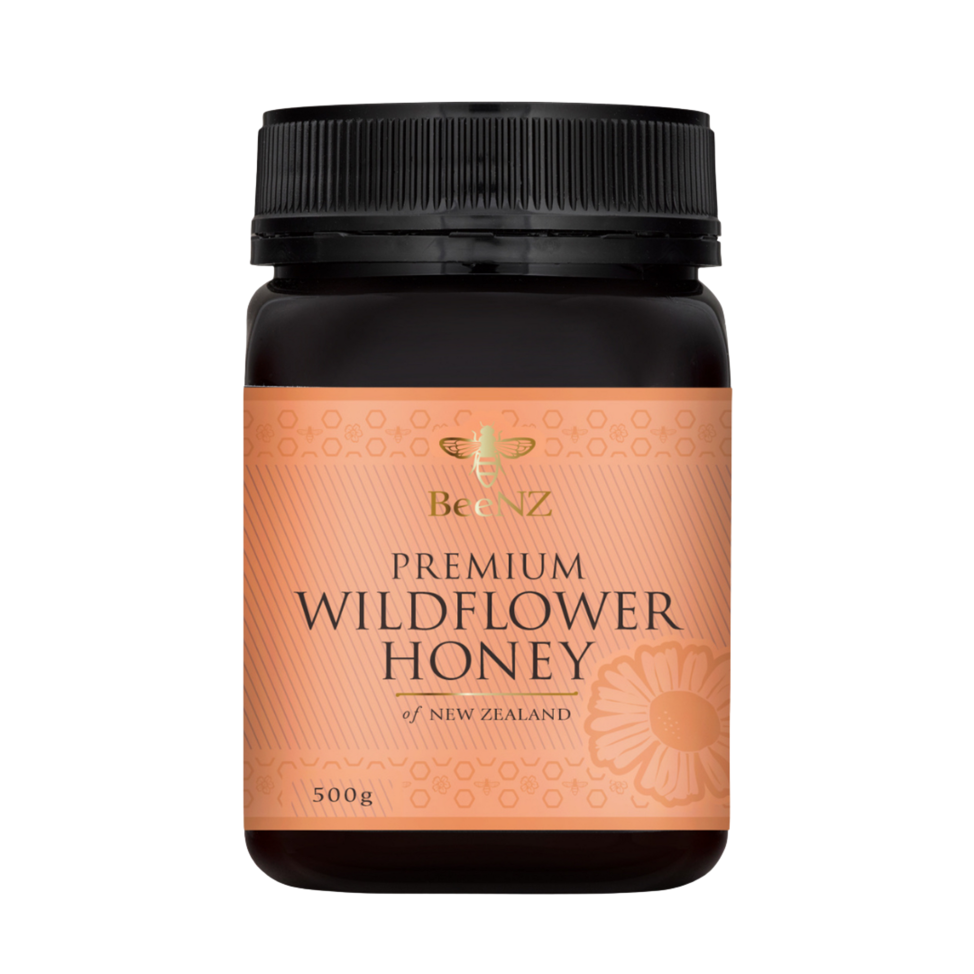 Jar of BeeNZ premium wildflower honey perfect for drizzling on breakfast cereals and spreading on toast.