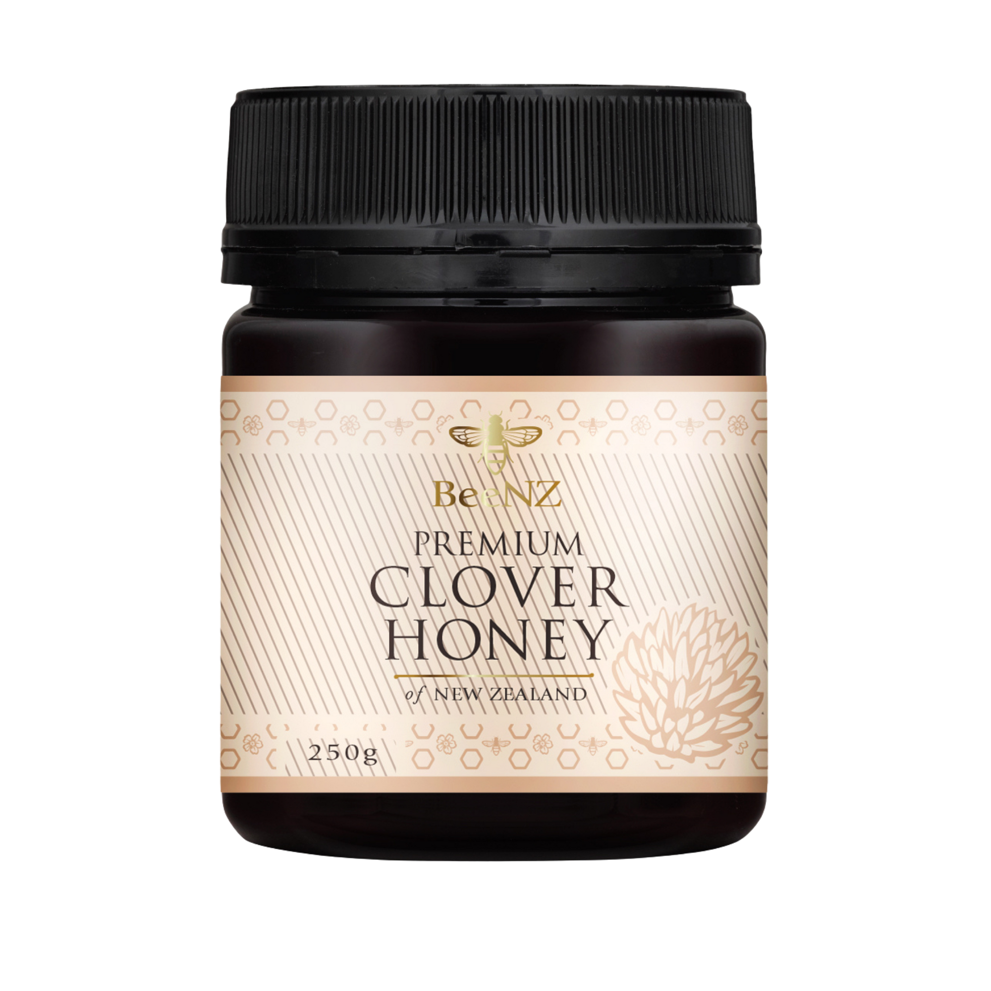 Jar of BeeNZ premium clover honey, perfect for drizzling on to breakfasts, with a sweet floral flavour and that classic clover honey taste.