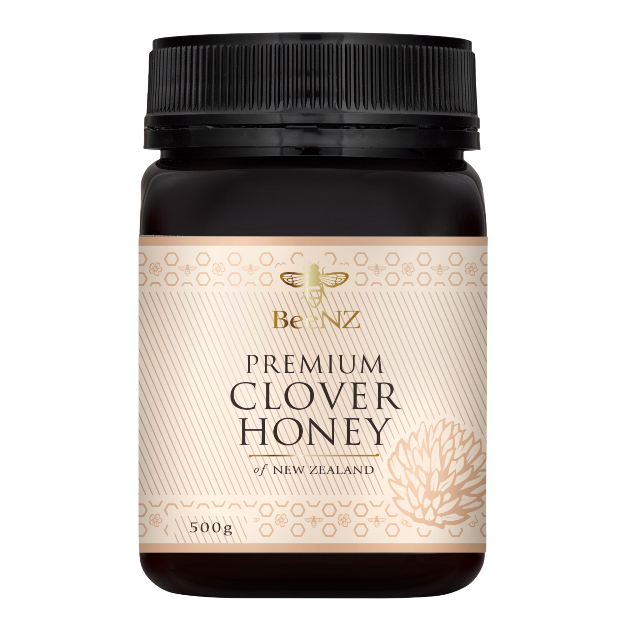 Jar of BeeNZ premium clover honey, perfect for drizzling on to breakfasts, with a sweet floral flavour and that classic clover honey taste.