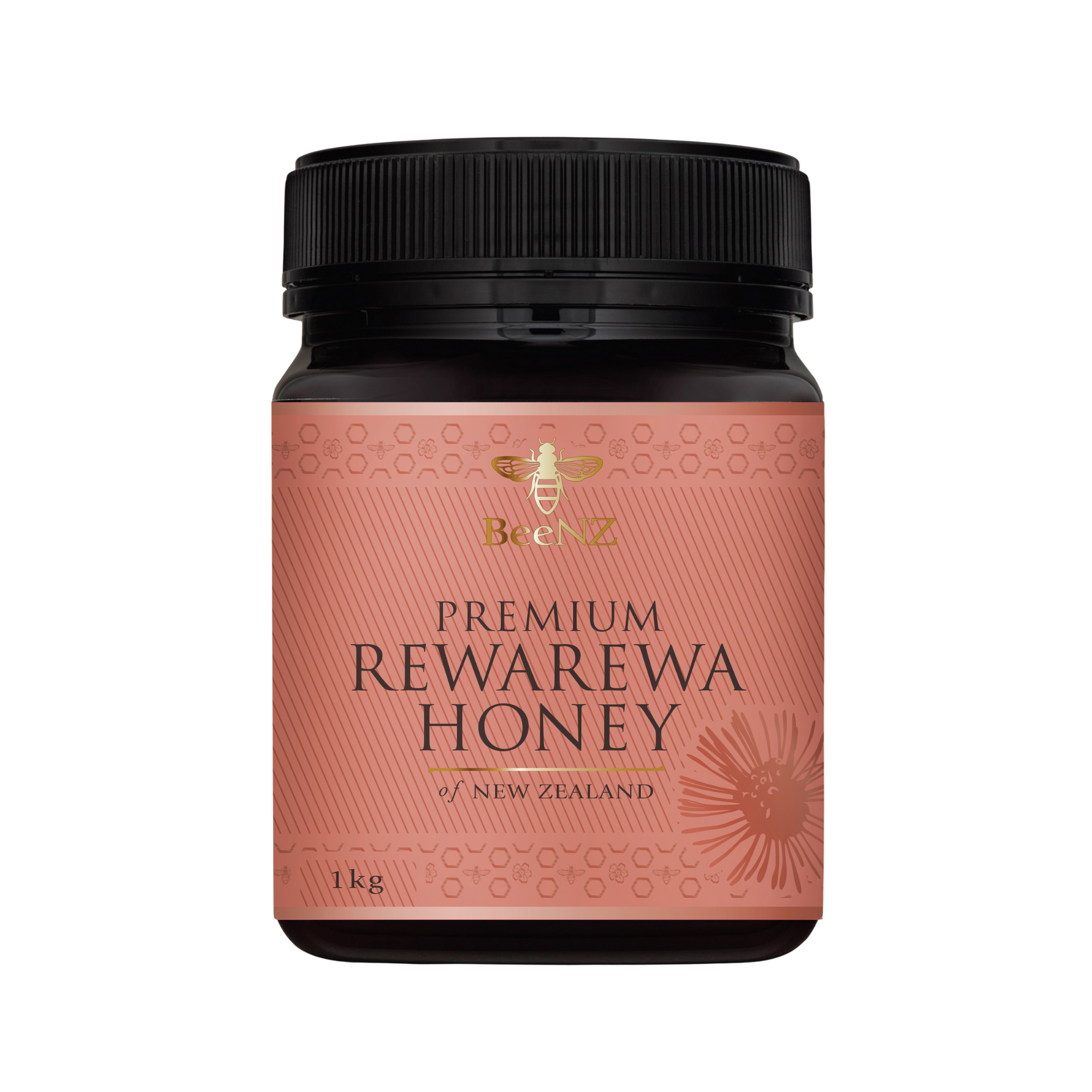 Jar of BeeNZ premium Rewarewa Honey . Rich caramel flavour best for baking.