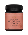 Jar of BeeNZ premium Rewarewa Honey . Rich caramel flavour best for baking.