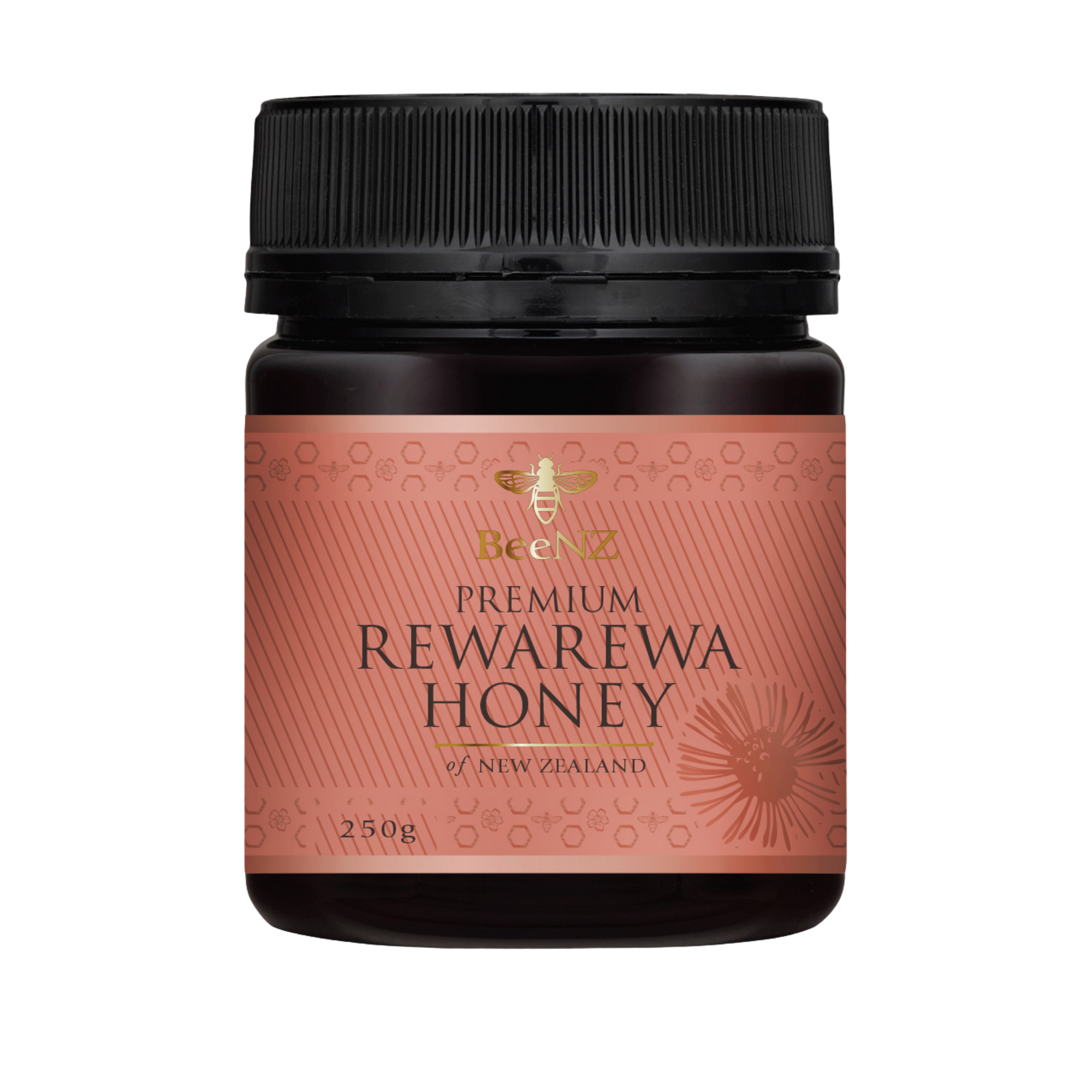 Jar of BeeNZ premium Rewarewa Honey . Rich caramel flavour best for baking.