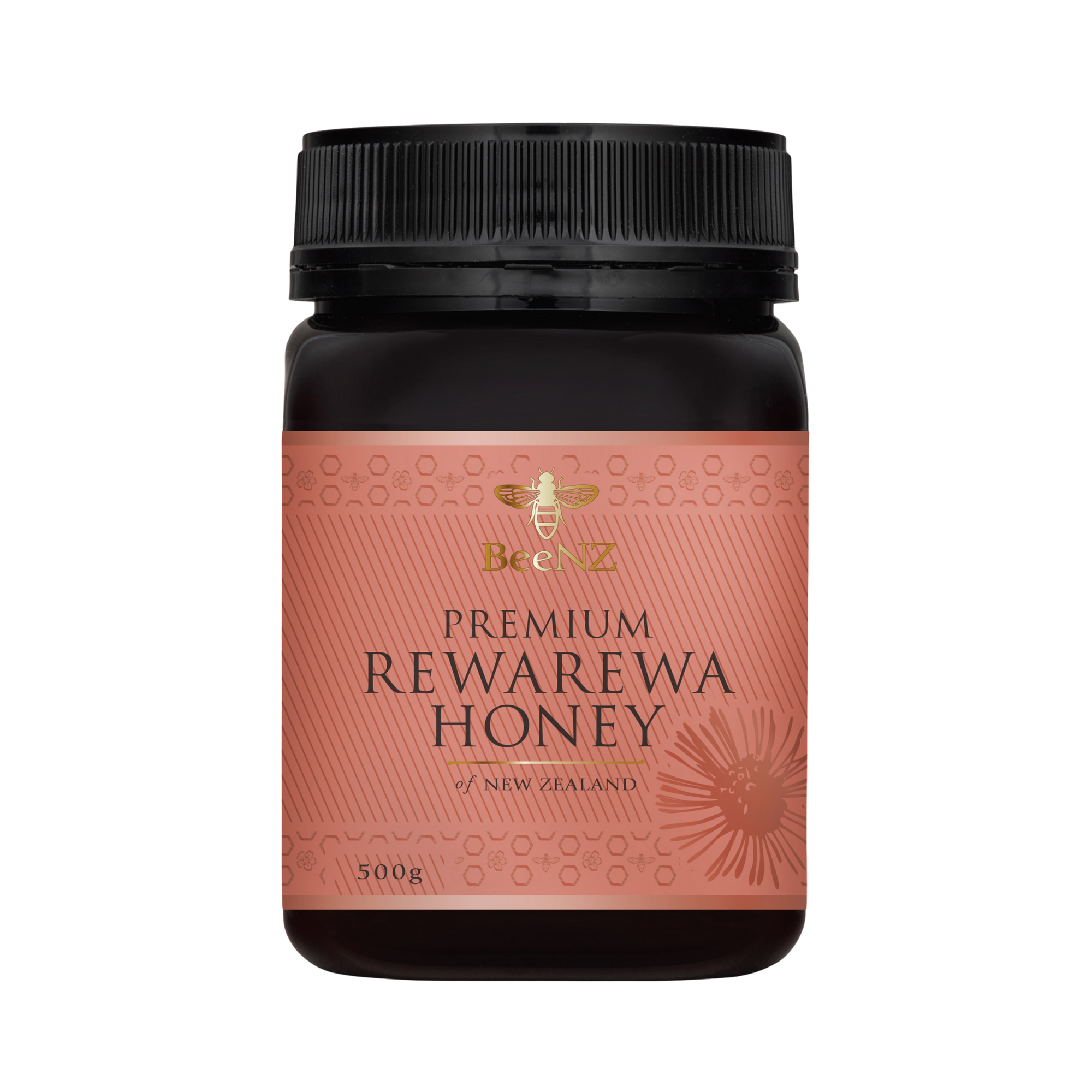 Jar of BeeNZ premium Rewarewa Honey. Rich caramel flavour best for baking.