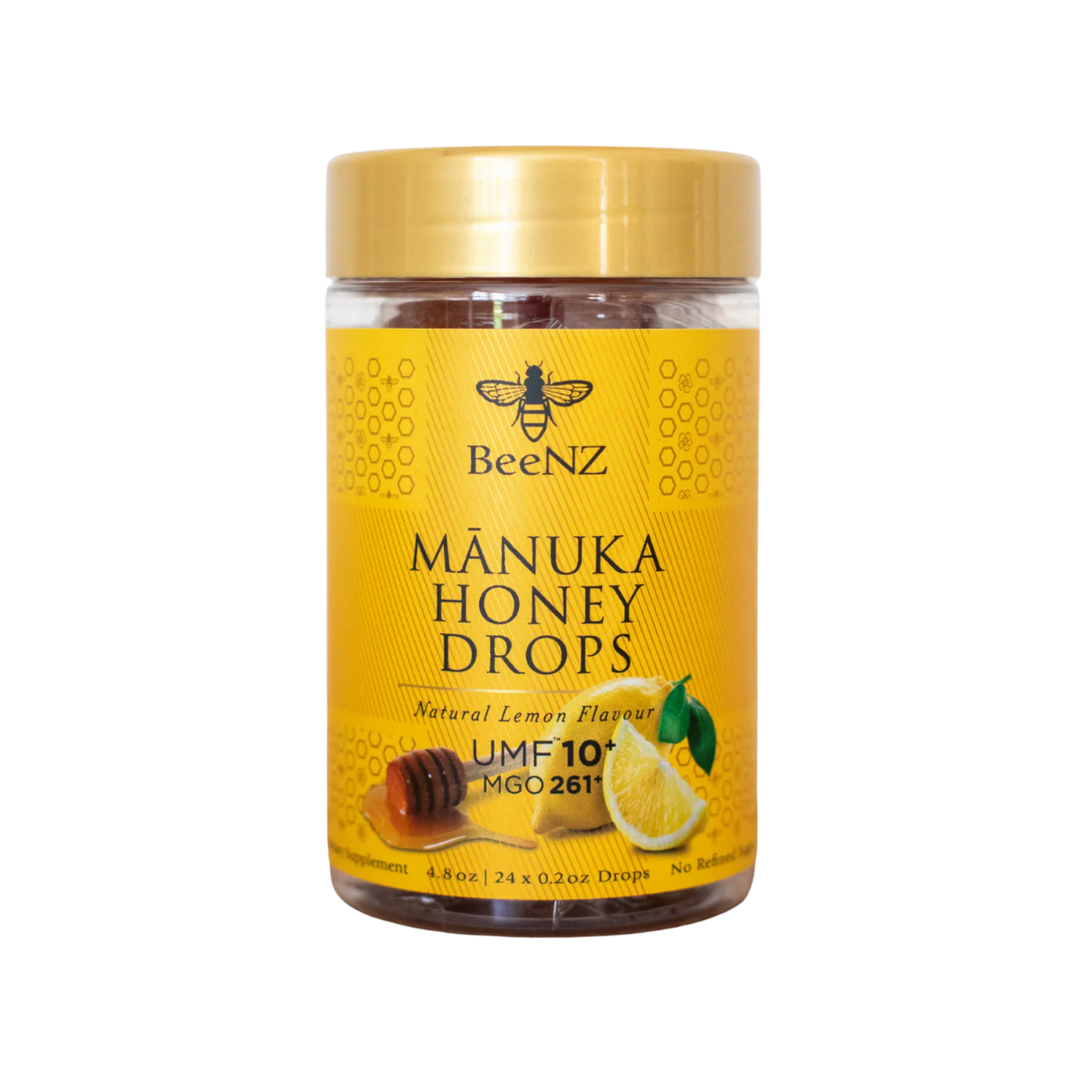 BeeNZ UMF 10+ Manuka Honey Drops with Lemon; a 24-count jar of individually wrapped lozenges showcasing the golden, natural texture of MGO 263+ honey.