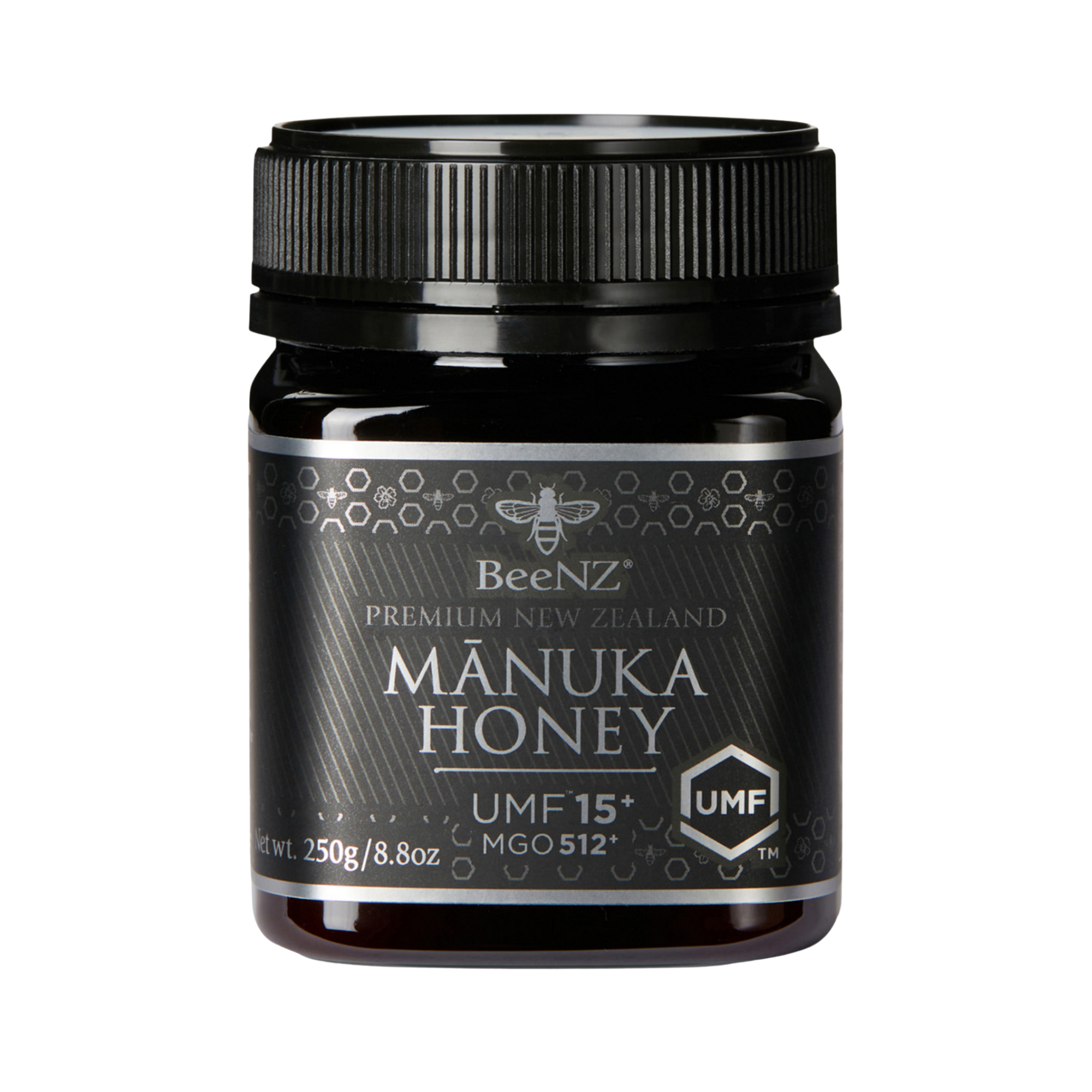 BeeNZ Manuka Honey UMF15+ jar with black lid 