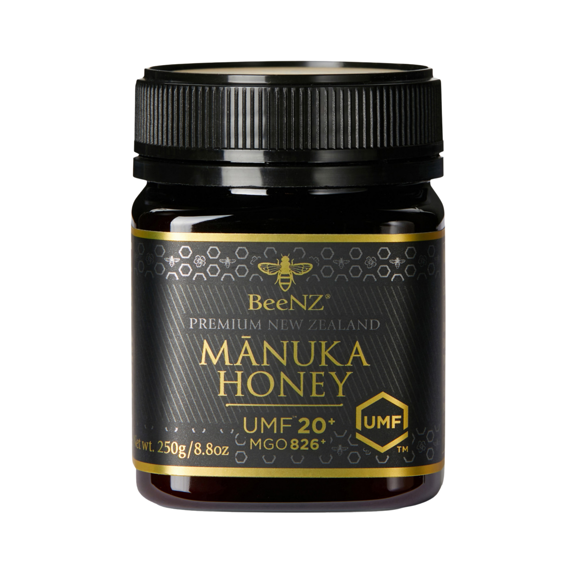 BeeNZ Manuka Honey UMF20+ jar with black lid 
